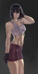  1girl armpit_peek armpits bare_arms bare_shoulders black_background black_gloves black_hair bob_cut bra breasts collarbone darao_(daradara_suyaaa) facial_mark fingerless_gloves gloves grey_eyes hair_between_eyes hand_in_own_hair highres large_breasts looking_down midriff mikasa_ackerman muscular muscular_female narrow_waist navel purple_shorts scar scar_on_face shingeki_no_kyojin short_hair shorts signature simple_background solo sports_bra sweat sweatdrop thighs twitter_username underwear white_bra white_sports_bra 