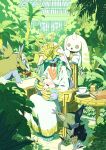 absurdres bakumon bbb_(fabio8552) blacktailmon blacktailmon_uver. blue_skin chair coat colored_skin digimon digimon_(creature) digimon_ghost_game digitama dress egg grey_hair highres lab_coat long_hair quantumon sitting terriermon terriermon_joshu veil white_coat white_dress 