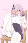  1girl absurdres airbus_a350xwb asymmetrical_bangs black_skirt blush breasts chair closed_eyes drooling elysia_(honkai_impact) fingering fingering_through_clothes fingernails grabbing_another&#039;s_breast groping highres honkai_(series) honkai_impact_3rd large_breasts leg_lift long_hair masturbation on_chair open_mouth panties pantyhose pleated_skirt pointy_ears purple_background purple_hair pussy_juice shirt_tucked_in short_sleeves signature simple_background sitting skirt solo striped_clothes striped_panties through_clothes two-tone_panties underwear white_pantyhose wooden_chair 