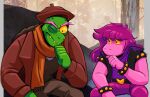  1boy 1girl armlet belt black_vest bracelet brown_coat brown_pants clenched_hand coat colored_sclera colored_skin deltarune furry gerson green_skin jewelry learning_to_be_spider-man_(meme) looking_at_another meme one_eye_closed open_clothes open_coat open_vest orange_scarf pants pink_hair pink_skin purple_shirt scarf scribblous shirt spiked_armlet squatting studded_bracelet susie_(dark_world)_(deltarune) susie_(deltarune) vest yellow_sclera 