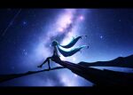  1girl absurdres aqua_hair arm_at_side black_thighhighs block_heels commentary_request detached_sleeves floating_hair glowing glowing_tattoo hatsune_miku high_heels highres ledge letterboxed long_hair long_sleeves looking_up milky_way miniskirt mountainous_horizon nengoro night night_sky number_tattoo reflection scenery shirt shooting_star sitting skirt sky sleeveless sleeveless_shirt solo star_(sky) starry_sky tattoo thighhighs very_long_hair vocaloid white_shirt wide_shot 