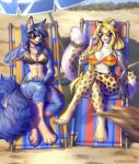  2019 anthro arthropod beach big_breasts bikini blonde_hair blue_eyes blue_hair breasts canid canine cheetah clothed clothing crab crossed_legs crustacean cybernetics cyborg duo eyewear felid feline female flag_bikini fox fur germany grungecandy hair hi_res high-angle_view hybrid kat_phoenix leg_markings looking_at_viewer lying machine mammal marine markings navel navel_piercing nipple_outline on_back outside piercing seaside smile socks_(marking) striped_fur stripes sunglasses swimwear sydea tattoo wide_hips yellow_eyes 