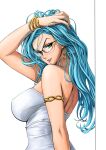  1girl arm_up armlet bare_shoulders bracelet breasts dress earrings glasses green_eyes green_hair hand_in_own_hair highres hkhk0726 jewelry large_breasts long_hair looking_at_viewer one-punch_man psychos_(one-punch_man) smile solo upper_body white_background white_dress 