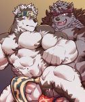  abs accessory anthro balls biceps blush brown_fur canid canine canis clothing duo fur grey_fur headband hi_res horkeukamui istani loincloth male mammal multicolored_fur muscular muscular_male navel nipples pecs penis red_eyes tokyo_afterschool_summoners triceps two_tone_fur video_games volkv_vseslav white_fur wolf yellow_eyes 