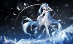  1girl ahoge aono_99 aqua_eyes aqua_hair asymmetrical_legwear ballerina ballet_slippers bare_shoulders closed_mouth crescent_moon dress gloves gramophone_miku gramophone_miku_(frostflower) hair_between_eyes hair_ornament hatsune_miku highres long_hair miku_symphony_(vocaloid) moon official_alternate_costume official_alternate_hairstyle short_dress single_thighhigh solo strapless strapless_dress thighhighs tutu twintails very_long_hair vocaloid white_gloves white_thighhighs 