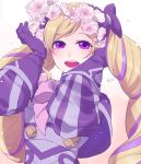  1girl :d ataka_takeru bangs blonde_hair elise_(fire_emblem_if) fire_emblem fire_emblem_if flower gloves hair_flower hair_ornament head_wreath long_hair looking_at_viewer multicolored_hair open_mouth pink_neckwear purple_capelet purple_eyes purple_gloves purple_hair smile solo swept_bangs two-tone_hair upper_body very_long_hair white_flower 