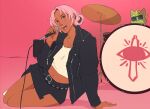  cat crop_top dark-skinned_female dark_skin drawfee drawtectives drum drum_set fangs gyorik_rogdul instrument jacket karina_farek leather leather_jacket microphone navel official_art pink_hair piss_boy_(drawtectives) rose_(drawtectives) skirt teeth upper_teeth_only very_dark_skin 