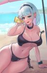  absurdres arm_support azur_lane beach bikini black_bikini black_choker blunt_bangs blush bracelet breasts choker dido_(azur_lane) drelouder earrings highres holding_sunscreen jewelry large_breasts long_hair loose_bikini lotion maid_headdress ocean open_mouth pink_eyes pouring pouring_onto_self sunscreen swimsuit underboob white_hair 
