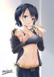  1girl artist_name black_hair blue_eyes bottle bra breasts cleavage collarbone cowboy_shot grey_bra grey_jacket grey_pants grey_ribbon groin highres holding holding_bottle jacket long_sleeves looking_at_viewer midriff minoominoomi navel open_clothes open_jacket open_mouth orgia original pants shiny shiny_hair short_hair sideboob small_breasts solo sports_bra standing stomach underwear water_bottle 