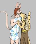  anthro cheetah clothed clothing duo felid feline female female/female hair hand_holding kangaroo kissing macropod mammal marsupial ritts simple_background smile standing 