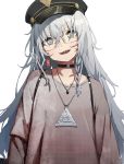  1girl braid brown_shirt choker copyright_request glasses grey_eyes grey_hair hat head_tilt highres jewelry long_hair long_sleeves looking_at_viewer loose_clothes loose_shirt military_hat necklace open_mouth sharp_teeth shirt single_braid smile solo teeth waterkuma 