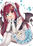  1girl :d ahoge apron blue_bow blue_eyes blue_skirt blush bow brown_wings crescent crescent_hair_ornament demon_girl demon_tail demon_wings detached_sleeves fang feet_out_of_frame frilled_apron frilled_skirt frills grey_sleeves hair_intakes hair_ornament heterochromia highres long_hair long_sleeves looking_at_viewer maid_headdress nijisanji red_eyes red_hair rino_cnc simple_background sitting skirt sleeves_past_wrists smile solo star_(symbol) tail thighhighs two_side_up very_long_hair virtual_youtuber white_apron white_background white_thighhighs wings yuzuki_roa yuzuki_roa_(2nd_costume) 