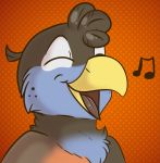  2019 anthro avian digital_media_(artwork) eyes_closed feathers grumpy_griffin_creations_(artist) male musical_note open_mouth simple_background singing smile solo 