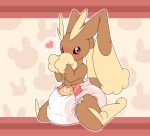 anthro big_breasts black_sclera blush breasts bubblepuppers covering covering_face diaper female generation_4_pokemon heart_symbol human humanoid lagomorph leporid looking_at_viewer lopunny mammal nintendo pokemon pokemon_(species) red_eyes simple_background sitting sitting_on_ground solo spread_legs spreading tail thick_thighs wide_hips