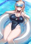 1girl afloat bare_shoulders blonde_hair blush breasts closed_mouth collar competition_swimsuit covered_navel groin highleg highres innertube kubiwa_(kutan) kutan looking_at_viewer lying on_innertube one-piece_swimsuit original partially_submerged pool solo swim_ring swimsuit visor_cap water wet white_innertube 