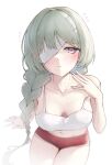  1girl bandage_over_one_eye bare_shoulders blush breasts camisole cleavage closed_mouth collarbone commentary flying_sweatdrops from_above grey_eyes grey_hair hand_up highres long_hair looking_at_viewer low-braided_long_hair low-tied_long_hair medium_breasts navel pa.lo.ma phrolova_(wuthering_waves) red_pupils red_shorts shorts solo strap_slip thighs white_camisole wuthering_waves 