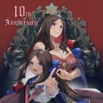  2girls anniversary bare_shoulders blue_eyes bow breasts brown_hair cleavage fate/grand_order fate_(series) grin hair_bow juliet_sleeves large_breasts leonardo_da_vinci_(fate) leonardo_da_vinci_(rider)_(fate) lipstick long_hair long_sleeves looking_at_viewer makeup multiple_girls nakaga_eri open_mouth pointing pointing_at_viewer puffy_sleeves smile star_(symbol) upper_body very_long_hair 