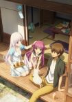  1boy 2girls black_sailor_collar black_shirt blue_eyes brown_eyes brown_hair cat closed_mouth collarbone collared_shirt cup day dress drinking_glass electric_fan full_body grey_eyes headpat highres holding holding_straw holding_tray katou_umi key_visual kneeling looking_at_another multiple_girls naruse_shiroha official_art open_mouth outdoors promotional_art purple_hair sailor_collar sailor_dress shirt shirt_under_shirt shouji sitting sleeveless sleeveless_dress sliding_doors smile summer_pockets table takahara_hairi tanzaku tatami tray two_side_up white_dress white_hair white_shirt wind_chime wooden_floor 