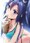  1girl ahoge amasora_taichi aqua_swimsuit ass bangs between_breasts blue_eyes blue_hair blush breast_press breasts bubble_tea bubble_tea_challenge cleavage close-up collarbone commentary_request cup drinking_straw eyebrows_visible_through_hair hair_between_eyes highres kazanari_tsubasa light_particles lips long_hair looking_at_viewer medium_breasts midriff navel one_side_up pink_lips senki_zesshou_symphogear serious shiny shiny_skin solo stomach stretch swimsuit thighs 