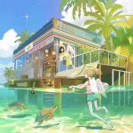  2girls angel angel_wings barefoot beer_bottle black_hair blonde_hair blue_shorts blue_sky camisole caustics cloud convenience_store cumulonimbus_cloud day dress feathered_wings green_dress halo highres multiple_girls ocean original outdoors palm_tree partially_underwater_shot pink_camisole ponytail saku_onono scenery sea_turtle shop short_shorts shorts sky stairs swim_ring tree turtle water white_wings wings yellow_halo 