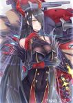  1girl artist_request azur_lane bangs bare_shoulders baton_(instrument) black_hair breasts chinese_commentary cleavage closed_mouth collarbone commentary_request covered_navel eyebrows_visible_through_hair friedrich_der_grosse_(azur_lane) gloves hair_over_one_eye highres holding horns large_breasts long_hair looking_to_the_side machinery red_gloves red_horns rigging see-through skindentation smile solo very_long_hair yellow_eyes 
