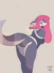  2019 anthro bare_shoulders blush bra breasts butt choker clothing countershading digital_media_(artwork) dragon electrycpynk electrycpynk_(character) female fur furred_dragon hair hi_res inner_ear_fluff jewelry leaning leaning_forward long_hair looking_at_viewer necklace panties pink_hair presenting presenting_hindquarters purple_eyes rear_view seductive signature simple_background solo standing thick_thighs underwear 