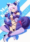  1girl absurdres animal_ear_fluff animal_ears black_panties boots breasts caesar_salad character_name claws clenched_hand dangerous_beast elbow_gloves eyebrows_visible_through_hair fangs fate/grand_order fate_(series) full_body fur-trimmed_gloves fur-trimmed_legwear fur_collar fur_trim gloves hair_between_eyes hair_over_one_eye halloween_costume head_tilt high_heel_boots high_heels highres indian_style lace lace-trimmed_legwear large_breasts lavender_hair looking_at_viewer mash_kyrielight navel o-ring o-ring_top open_mouth panties purple_eyes purple_gloves purple_legwear revealing_clothes short_hair sitting smile solo tail underwear wolf_ears wolf_girl wolf_tail 