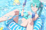  1girl 2girls bare_arms bare_shoulders bikini blonde_hair blue_bikini blue_eyes blue_hair blush bow hair_bow hatsune_miku holding holding_water_gun kagamine_rin long_hair looking_at_viewer multiple_girls one_eye_closed open_mouth solo striped_bikini striped_clothes swim_ring swimsuit twintails very_long_hair vocaloid water_gun white_bow yukichi_(yu-ame) 