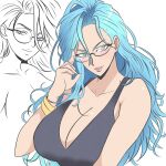 1girl black_shirt breasts glasses green_eyes highres large_breasts long_hair looking_at_viewer multiple_views one-punch_man psychos_(one-punch_man) shirt smile windriftdraws 