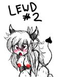  blush bodily_fluids breasts cowgirl_(disambiguation) demon english_text goblin gremlin hair horn humanoid illegalanimeswordie kneeling long_hair nipples open_mouth orgasm red_eyes simple_background spade_tail sweat text white_background 