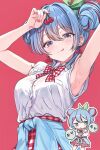 1girl :q armpits arms_up blue_eyes blue_hair blush bow bowtie cherry cherry_earrings cherry_pop_(vocaloid) chibi chibi_inset closed_mouth clothes_around_waist collared_shirt commentary_request cutlass_(classic_chocolate) double-parted_bangs earrings food food-themed_earrings fruit green_ribbon hair_ribbon hatsune_miku highres holding holding_food holding_fruit jewelry looking_at_viewer medium_hair multicolored_hair plaid_bow plaid_bowtie plaid_clothes plaid_skirt red_background red_bow red_bowtie red_skirt red_streaks ribbon shirt short_sleeves simple_background skirt streaked_hair tongue tongue_out upper_body vocaloid white_shirt 