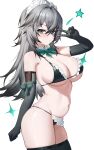  1girl absurdres ahoge apron bare_shoulders bikini black_bikini black_survival black_thighhighs blue_eyes bow bowtie breasts cleavage closed_mouth cowboy_shot dasi_(kwts3227) detached_collar elbow_gloves eternal_return:_black_survival expressionless frilled_bikini frills gloves gradient_hair grey_gloves grey_hair hair_between_eyes halterneck hand_up highres katja_(black_survival) large_breasts long_hair looking_at_viewer maid maid_bikini maid_headdress multicolored_hair navel simple_background skindentation solo star_(symbol) stomach string_bikini swimsuit thighhighs thighs unconventional_maid underboob v waist_apron white_background 