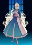  1girl absurdres ahoge armor armored_boots armored_dress artoria_pendragon_(all) bangs blonde_hair blue_dress blue_eyes blurry blurry_background boots closed_mouth dress eyebrows_visible_through_hair fate/stay_night fate_(series) faulds flower full_body gauntlets highres long_dress long_sleeves looking_at_viewer parted_lips ro96cu saber short_hair solo standing white_flower 