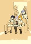  4boys 4girls absurdres ahoge anniversary bandaged_leg bandages bandaid black_boots book book_on_lap boots bow bowtie chaldea_logo closed_eyes closed_mouth copyright_name facial_hair fate/grand_order fate_(series) fujimaru_ritsuka_(female) fujimaru_ritsuka_(female)_(decisive_battle_chaldea_uniform) fujimaru_ritsuka_(male) fujimaru_ritsuka_(male)_(decisive_battle_chaldea_uniform) full_body fur-trimmed_jacket fur_trim glasses goredolf_musik hair_over_one_eye hat hatching_(texture) high_collar highres jacket kadoc_zemlupus kobayashimaco2g leaning_on_person leonardo_da_vinci_(fate) leonardo_da_vinci_(rider)_(fate) long_sleeves looking_at_another marine_nemo_(fate) mash_kyrielight multiple_boys multiple_girls mustache necktie nemo_(fate) novum_chaldea open_mouth orange_hair purple_hair short_hair sion_eltnam_(type-moon) sion_eltnam_sokaris sitting sleeping smile twintails window 