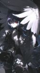  1girl black_dress black_thighhighs blue_hair dress feathered_wings frilled_sleeves frills hair_ornament hand_on_own_chest hatsune_miku highres light_particles looking_at_viewer looking_to_the_side red_eyes rella sidelocks sleeveless sleeveless_dress sleeves_past_wrists solo swept_bangs thighhighs twintails vocaloid wings 