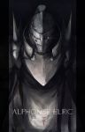  1boy alphonse_elric apron armor character_name commentary_request dark_background flamel_symbol from_above full_armor fullmetal_alchemist glowing glowing_eyes helmet highres male_focus marumoru pillarboxed shoulder_spikes simple_background spikes standing 