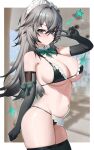  1girl absurdres ahoge apron bare_shoulders bikini black_bikini black_survival black_thighhighs blue_eyes blurry blurry_background bow bowtie breasts cleavage closed_mouth cowboy_shot dasi_(kwts3227) detached_collar elbow_gloves eternal_return:_black_survival expressionless frilled_bikini frills gloves gradient_hair grey_gloves grey_hair hair_between_eyes halterneck hand_up highres katja_(black_survival) large_breasts long_hair looking_at_viewer maid maid_bikini maid_headdress multicolored_hair navel skindentation solo star_(symbol) stomach string_bikini swimsuit thighhighs thighs unconventional_maid underboob v waist_apron 