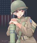  1girl absurdres american_flag_background ammunition_pouch artist_name belt black_hair brown_belt brown_coat buttons coat combat_helmet commentary double-breasted flag_background green_hat green_scarf hat helmet highres historical_american_flag holding holding_weapon leochan1202 long_sleeves looking_at_viewer m1_bazooka m1_helmet military military_uniform open_mouth original patch pouch red_eyes rocket_launcher scarf shoulder_patch smile solo trench_coat unit_patch united_states_army upper_body weapon world_war_ii 