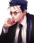  1boy black_neckwear black_suit blue_hair clenched_hand earrings fate_(series) formal glasses highres jewelry lancer long_hair long_sleeves male_focus necktie ponytail red_eyes samuraisamurai solo spiked_hair upper_body white_background 