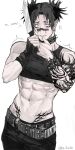  1boy abs absurdres arm_tattoo asymmetrical_gloves belt black_pants black_tank_top bracelet choker choso_(jujutsu_kaisen) cowboy_shot crop_top da_re666 double_bun ear_piercing earrings facial_mark gloves hair_bun highres hip_tattoo holding holding_knife jewelry jujutsu_kaisen knife male_focus pale_skin pants piercing sanpaku short_hair simple_background solo spiked_choker spikes studded_belt studded_bracelet tank_top tattoo tattoo_sleeve toned toned_male trembling twitter_username white_background 