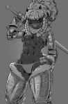  2019 abs anthro armor biped bovid braided_hair breasts caprine clothing curled_hair digital_media_(artwork) female fur gauntlets gloves grey_background hair hand_on_hip handwear hi_res holding_object holding_weapon horn mammal melee_weapon monochrome muscular muscular_female napalm_express navel nintendo panties pauldron pok&eacute;mon pok&eacute;mon_(species) portrait scowl signature simple_background small_breasts solo sword three-quarter_portrait under_boob underwear video_games weapon wooloo 