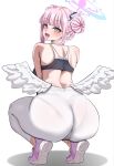  1girl absurdres alternate_costume ass ass_focus black_sports_bra blue_archive breasts cameltoe gradient_halo hair_bun halo high-waist_pants highres large_breasts long_hair looking_at_viewer looking_back low_wings mika_(blue_archive) multicolored_halo panties pants pink_hair pink_halo shoes sideboob simple_background single_side_bun sneakers solo sports_bra sportswear squatting tight_clothes tight_pants underwear white_background white_pants white_wings wings woo_(woosan) yellow_eyes yoga_pants 