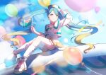  1girl aqua_eyes aqua_hair arm_up balloon blonde_hair boots choker closed_mouth cropped_jacket flag frilled_choker frills hair_ornament hatsune_miku highres holding holding_flag jacket lace-up_boots long_hair magical_mirai_(vocaloid) magical_mirai_miku magical_mirai_miku_(2024) multicolored_hair pleated_skirt sitting skirt smile socks solo twintails very_long_hair vocaloid white_boots white_jacket white_socks yellow_skirt yomomo14 
