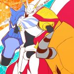  arm_cannon blue_eyes cape cowboy_shot digimon digimon_(creature) digimon_day highres mecha omegamon red_cape robot two-sided_cape two-sided_fabric weapon white_cape youwantstars 
