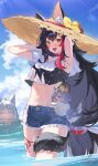  2girls :d animal_ears armpits bikini bikini_top_only black_bikini black_hair blue_shorts blue_sky cloud commentary_request crossed_bangs cumulonimbus_cloud day denim denim_shorts fang flipped_hair floral_print_bikini flower frayed_shorts frilled_bikini frills hair_between_eyes hair_ornament hairclip hat hat_flower highres hololive holonatsu_paradise leg_ribbon long_hair looking_at_viewer miofa_(ookami_mio) multicolored_hair multiple_girls navel ocean official_alternate_costume ookami_mio ookami_mio_(holonatsu_paradise) open_mouth outdoors pendora1022 red_hair ribbon shirakami_fubuki short_shorts shorts sidelocks skin_fang sky smile solo_focus spiked_hair stomach straw_hat streaked_hair sun_hat swimsuit tail tail_around_own_leg tail_wrap thigh_ribbon very_long_hair virtual_youtuber wide_brim wolf_ears wolf_girl wolf_tail yellow_eyes 
