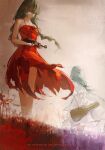  1girl absurdres alternate_costume bandage_over_one_eye bare_shoulders closed_mouth commentary dress dual_persona dudrinm english_commentary english_text grey_hair highres holding holding_instrument instrument long_hair phrolova_(wuthering_waves) red_dress solo violin wuthering_waves 