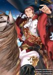  1boy beard belt blue_eyes brown_hair cape epaulettes facial_hair fate/grand_order fate_(series) horse horseback_riding kienbiu large_hat long_sleeves looking_at_viewer male_focus military military_uniform napoleon_bonaparte_(fate/grand_order) neck night night_sky pants riding sash sky solo uniform 