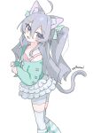  1girl ahoge animal_ear_fluff animal_ears artist_name blush camisole cat_ears cat_girl cat_tail collarbone fang feet_out_of_frame from_side grey_eyes grey_hair hair_between_eyes hair_ribbon kurobeko_(kur0bek0) layered_skirt leg_warmers long_hair long_sleeves looking_at_viewer loose_socks off_shoulder open_mouth original paw_pose ribbon shirt shorts sidelocks simple_background skirt sleeves_past_wrists smile socks solo standing striped_clothes sweater tail thighhighs two_side_up white_background white_shorts white_skirt white_thighhighs 