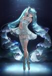  1girl absurdres ahoge aqua_eyes aqua_hair asymmetrical_legwear ballet ballet_slippers black_background breasts closed_mouth daae dress gloves gramophone_miku gramophone_miku_(frostflower) hair_between_eyes hair_ornament hatsune_miku highres jewelry long_hair medium_breasts miku_symphony_(vocaloid) official_alternate_costume official_alternate_hairstyle short_dress single_thighhigh smile solo thighhighs thighlet tutu twintails very_long_hair vocaloid white_dress white_gloves white_thighhighs 