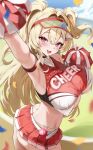  1girl absurdres arm_up armpits belt blonde_hair blush bouncing_breasts breasts character_request cheering cheerleader clothes_writing commentary cowboy_shot crossed_bangs day double-parted_bangs english_text goddess_of_victory:_nikke hair_between_eyes hair_intakes hair_ornament heart heart-shaped_pupils highres holding holding_pom_poms large_breasts long_bangs long_hair looking_at_viewer microskirt open_mouth outdoors panties panty_straps pink_eyes pleated_skirt pom_pom_(cheerleading) ponya_0000 red_skirt side-tie_panties skirt smile solo standing string_panties sweat symbol-only_commentary symbol-shaped_pupils two_side_up underboob underwear very_long_hair visor_cap whistle whistle_around_neck white_belt white_panties 